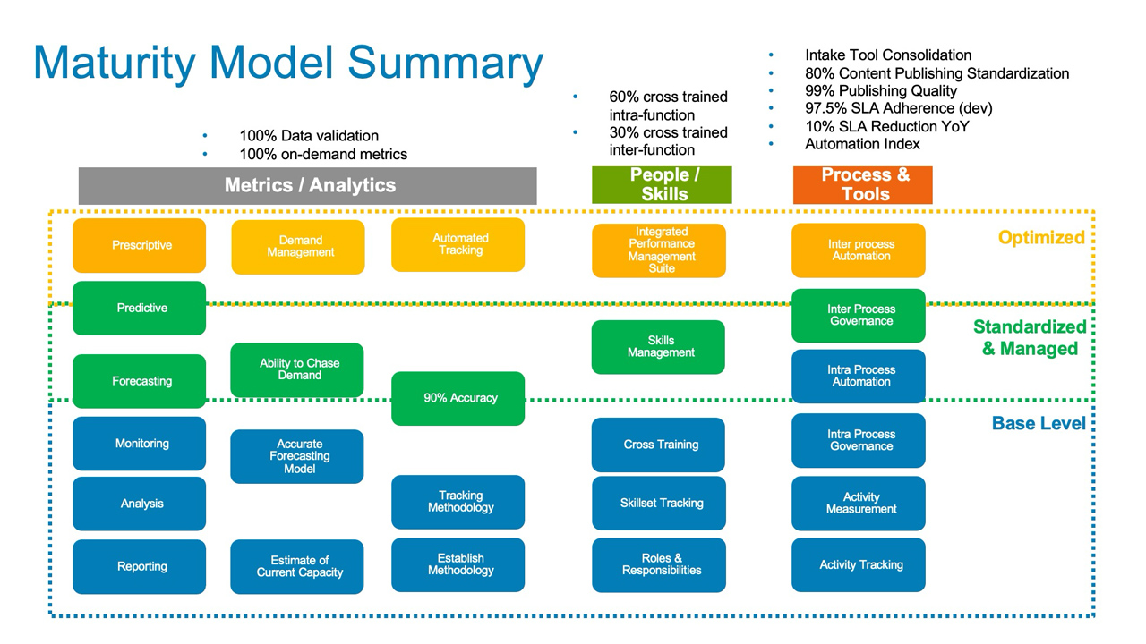 Maturity model summary showing metrics, people, and process maturity across base, standardized, and optimized levels