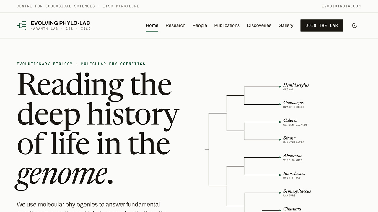 Homepage of the EvoBio India site for the Evolving Phylo-Lab, with a phylogenetic tree diagram